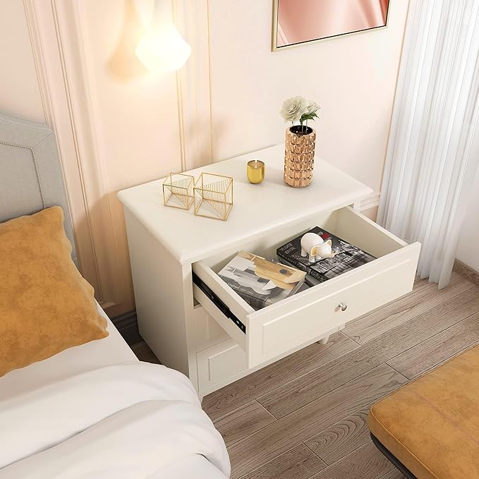 Lamerge White Nightstand with 3 Drawers,Sofa Side Table/End Table,Wooden Legs,Storage Cabinet for Bedroom, Living Room, 15.75" D x 21.65" W x 23.6" H, LWN3-White（Set of 2）