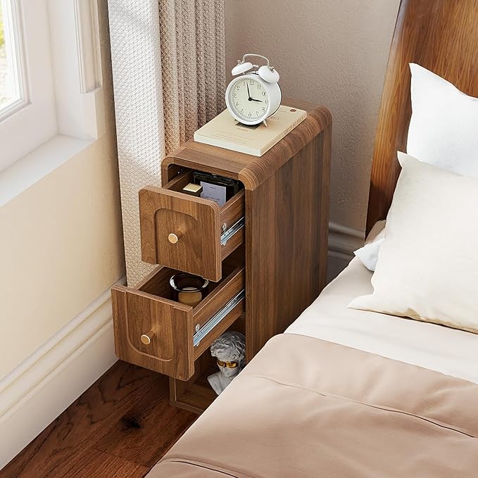 Narrow Nightstand with 2 Drawers, Small Bedside Tables, Mid-Century Modern Slim Night Stand with Storage, Wooden End Table for Small Spaces, Bedroom, Living Room (Walnut-1PCS)