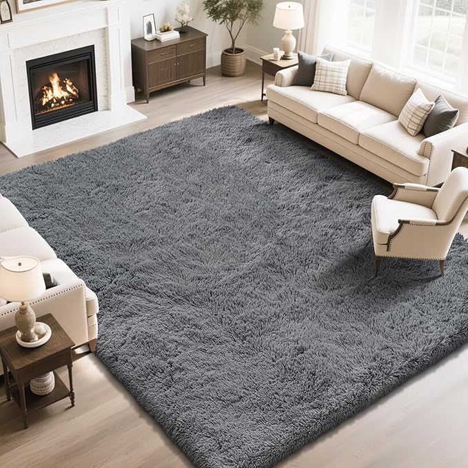 Fluffy Rug Shaggy Area Rug, Dark Grey 9x12 Area Rugs for Living Room, Large Shag Area Rugs for Bedroom Kids Room Home Decor, Upgrade Anti-Skid Rectangular Fuzzy Rugs