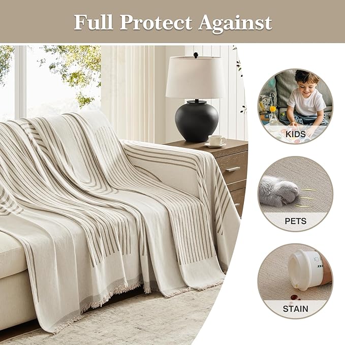 Boho Couch Cover Washable Sectional Couch Covers for Dogs Reversible Sofa Slipcover for 2 or 3 Cushion Couch Pet Friendly Furniture Protector (3# Khaki, 71" x 150")