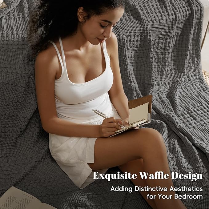 PHF 100% Cotton Waffle Weave Blanket Twin Size, Soft Lightweight Breathable Cozy Summer Blankets for Bed, Luxury Aesthetic Woven Bedding for Home Decor, 66"x90", Charcoal Grey