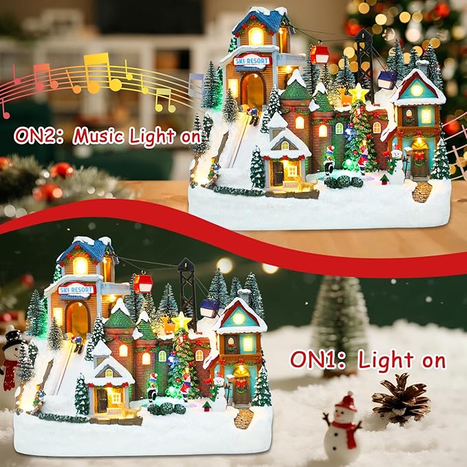 VCUTEKA Animated Christmas Village Houses, Lighted Musical Ski Resort Scene with Ice Skating Rink, Ski Lift, Snowman, Victorian Xmas Village Collectible Building Decoration for Holiday Table Display