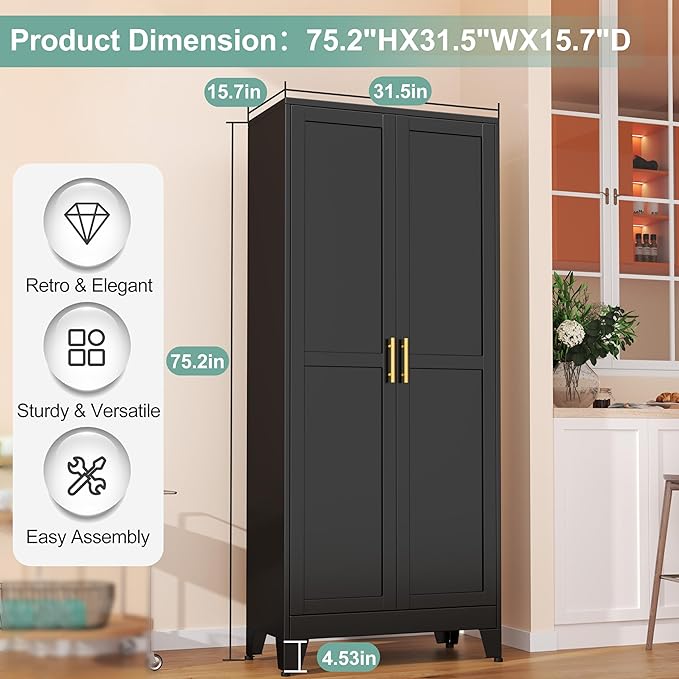 Metal Pantry Cabinet with 2 Doors and 5 Adjustable Shelves, 75" Kitchen Storage cabinets with Gold Handles, Versatile Storage for Laundry Room, Living Room, Bathroom, Dinning Room, Utility Room-Black