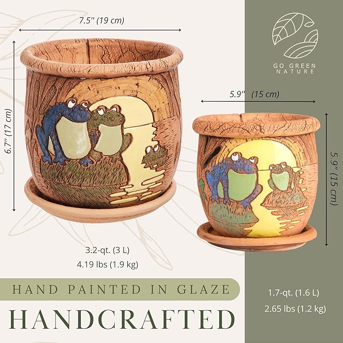 Ceramic Pot with Drainage Hole and Saucer, Plant Pots, Modern Decorative Planters for House Plants Indoor Flowers Plants, Cute Flower Pot - Gifts (Frogs (1.6 L))