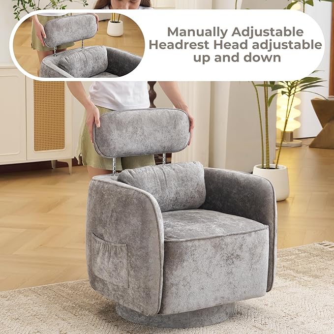 Modern 360° Grey Swivel Accent Chair with Adjustable Headrest, Chenille Accent Chair for Living Room, Vanity Chair for Makeup, Swivel Barrel Chair with Lumbar Pillow, Comfy Barrel Armchair, Grey