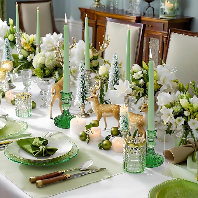 Glass Candlestick Holder,Striped Taper Candle Holders,Set of 6 Candle Stand for Table Centerpieces, Home Decor,Weddings,Festival and Parties (Green Stripe Pattern)