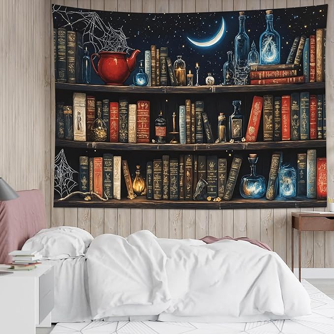 LB Gothic Bookshelf Tapestry, Horror Spider and Vintage Book Halloween Wall Tapestry for Bedroom Aesthetic, Galaxy Moon Wall Art for Living Room Dorm Home Decor Ready to Hanging, 60 x 40 Inches
