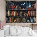 LB Fantasy Bookshelf Tapestry, Horror Spider and Vintage Book with Moon Wall Tapestry for Bedroom Aesthetic, Trippy Galaxy Wall Art for Living Room Dorm Home Decor Ready to Hanging, 92.5 x 70.9 Inches