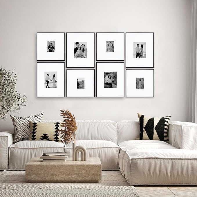 Camden Reed Arcadia 8 Piece Oversized Gallery Wall Frame, 16x20 and 16x16 Inch Matted Frames for Featuring 8x10 and 5x7 Inch Photographs or Art Prints, Black Finish