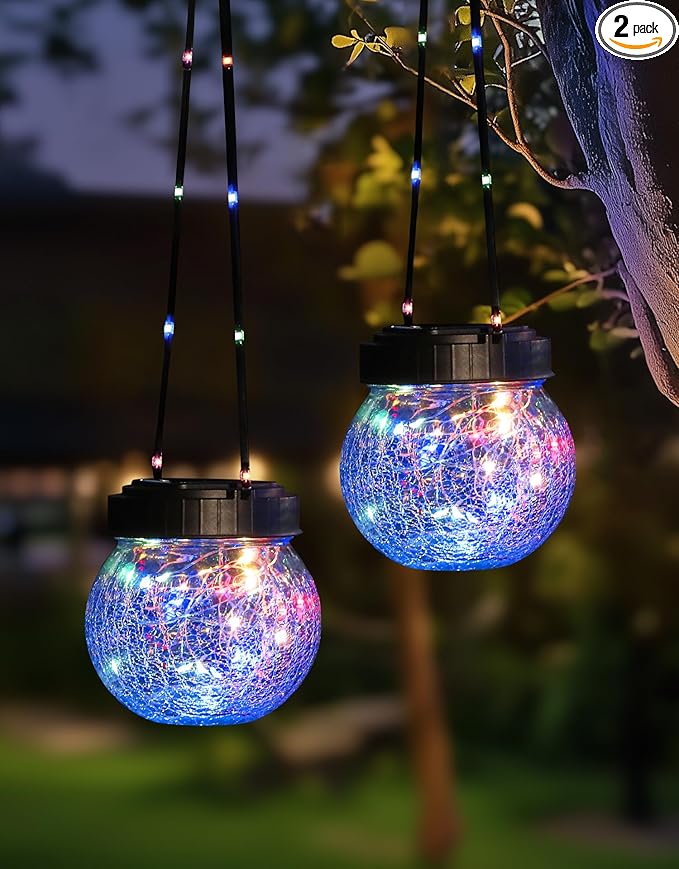PARTPHONER Solar Lantern Solar Lights Outdoor Waterproof 2-Pack, Solar Powered Hanging Lights Cracked Glass Hanging Globes for Christmas Decoration, Shepherd Hook, Garden Tree Ornaments,Muiti-Color
