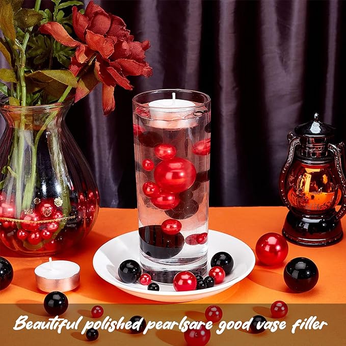 Black Red Vase Filler | 150PCS Pearls Bead for Centerpieces Vases | 8/14/20 mm No Hole Beads, Fake Pearls for Wedding Birthday Theme Party Table Centerpieces Decor