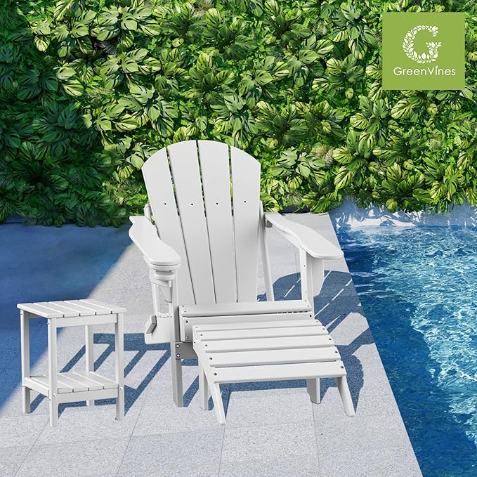 GREENVINES Adirondack-Ottoman | HDPE Plastic | Outdoor Footrest | All Weather | Foot Rest | Foot Stool | White | for Adirondack Chair | for Patio Backyard Pool