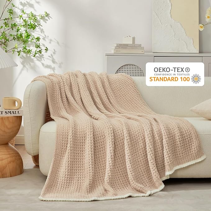 Snuggle Sac Beige Waffle Bedding Blankets Queen Size 90x90 inches, Reversible Microfiber Fluffy Fuzzy Soft Throw Cozy Knit Blanket for Women Mothers Birthday Gifts