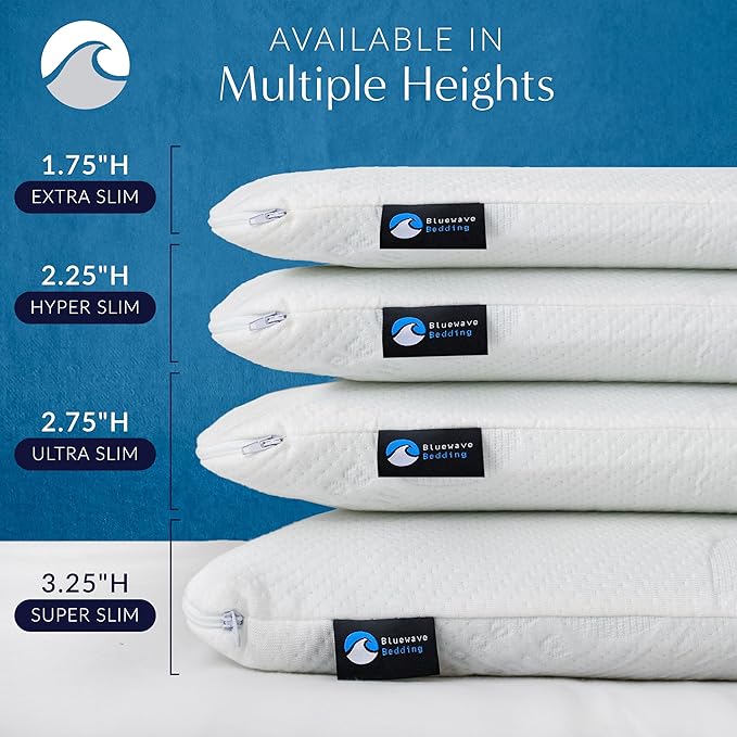 Bluewave Bedding Ultra Slim Gel Memory Foam Pillow for Stomach and Back Sleepers - Thin, Flat Design for Cervical Neck Alignment and Deeper Sleep (2.75-Inches Height, Standard Size)