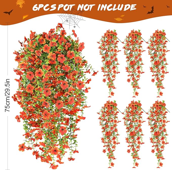 6 Bundles Artificial Fall Flowers for Outdoors Fake Plants Garden Home Fall Decor,UV Resistant Realistic Silk Faux Autumn Flower Indoor Outside Front Porch Patio Balcony Yard Farmhouse(Orange)