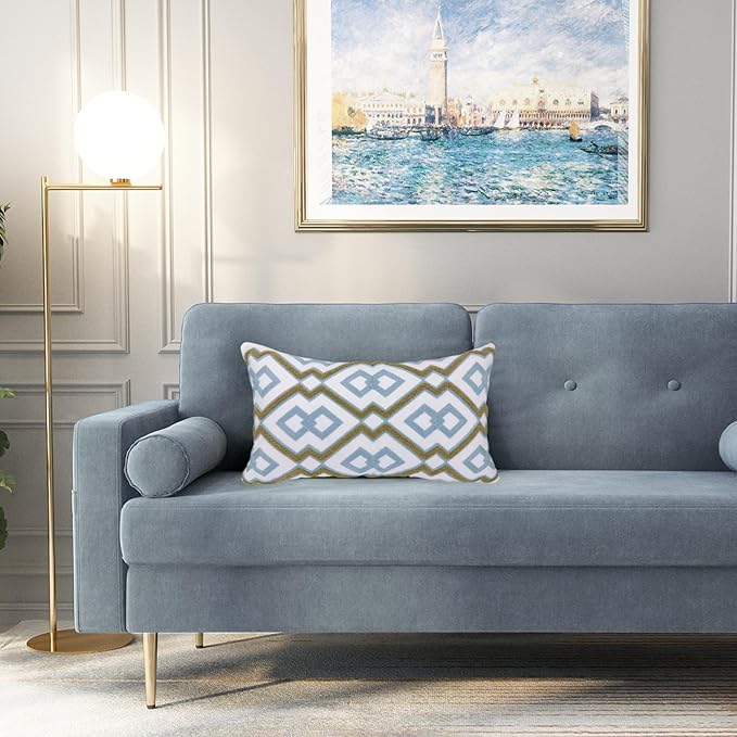 Alysheer Embroidered Lumbar Decorative Throw Pillow Cover 12"x 20", Classic Boho Geometric Embroidery Pattern Cotton Rectangular Cushion Case for Sofa Couch Living Room Bedroom (Blue Khaki)