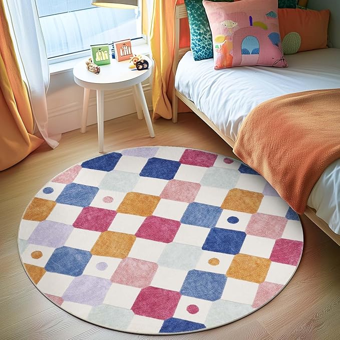 jinchan Round Rug 5ft Kids Washable Rug Indoor Floor Cover Non-Slip Soft Elementary School Classroom Modern Colorful Diamond Carpet for Nursery Daycare Bedroom Playroom Living Room Berries on Cream