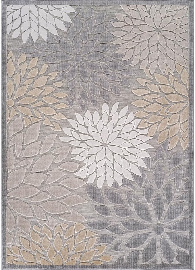 Beverly Rug Outdoor Rug 10x14 Large Modern Floral Tropical Area Rugs for Indoor and Outdoor Patio Easy to Clean Non Shedding Living Room Porch Garden Washable Outside Carpet (10 x 14 Gray)