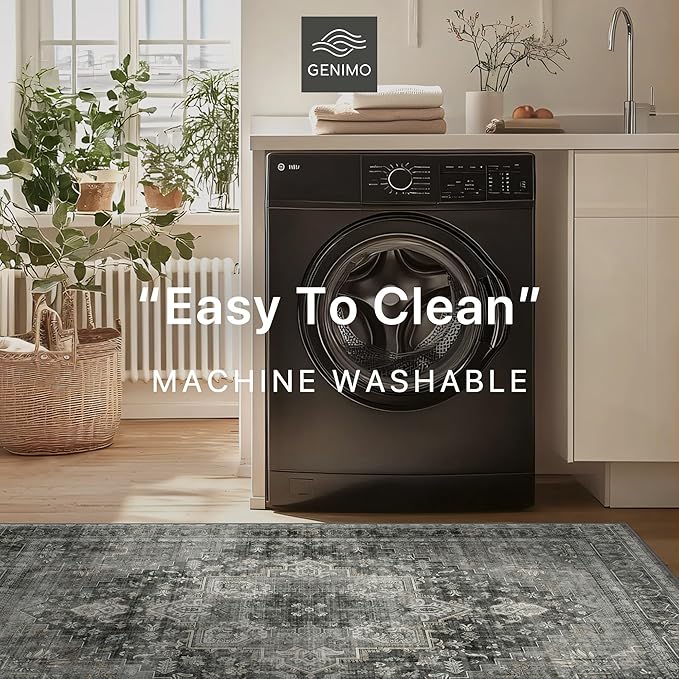 GENIMO 2x5 Runner Rugs for Hallway, Machine Washable Non Slip Vintage Rugs, Low Pile Lightweight Soft Print Rug for enrtyway, Corridor, Home Office, Kitchen, Charcoal Gray