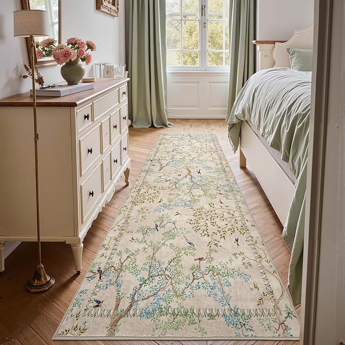 jinchan Beige Botanical Birds 3x10 Runner Rug for Hallway Washable Non Slip Soft Nature Plants Modern Kitchen Runner Carpet Vintage Ultra Thin Low Pile Rug for Entryway Living Room Kitchen Laundry