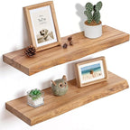 Fun Memories Floating Shelves for Wall, 24"x9.3" Rustic Solid Elm Wood Floating Shelves, Heavy-Duty Wall Shelf with Invisible Brackets, Set of 2 for Living Room, Bedroom, and Kitchen, Natural Finish