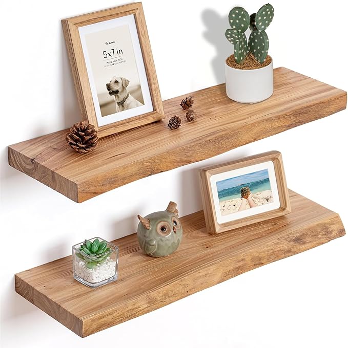Fun Memories Floating Shelves for Wall, 24"x9.3" Rustic Solid Elm Wood Floating Shelves, Heavy-Duty Wall Shelf with Invisible Brackets, Set of 2 for Living Room, Bedroom, and Kitchen, Natural Finish