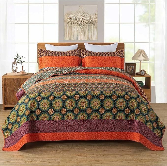 Travan Boho Stripe Quilt Sets Floral Printed Reversible Soft Bohemian Bedding Set with Shams for All Season, Orange Red Stripe, King Size