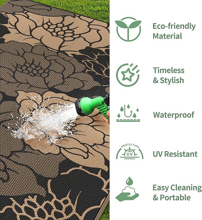 GENIMO Outdoor Rug Waterproof for Patio Decor, 8' x 10' Reversible Plastic Straw Floral Camping Carpet, Large Area Rugs Mats for RV, Camper, Deck, Balcony, Porch, Beach, Picnic, Mix-Black & Brown