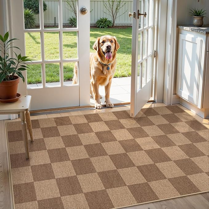 Lahome Checkered Easy Jute Entryway Rug, Washable Rugs 3x5 for Living Room Farmhouse Carpet, Non Slip Indoor Outdoor Door Mat Checkerboard Throw Carpet for Entry Patio Guestroom Deck