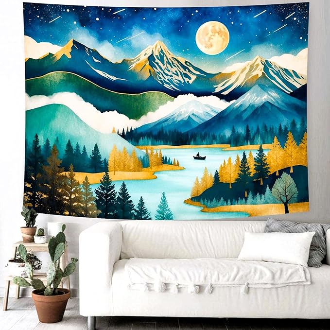 Delur Mountain Tapestry Boho Moon Stars Starry Night Tapestry Wall Hanging Forest Tree Nature Landscape Psychedelic Headboard for Bedroom Living Room Home Decor (70.8" x 92.5")