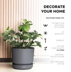 Elly Décor 10 inch Plastic Cylinder Planter Pot with Self-Watering Saucer and Drainage Hole,Lightweight & Extremely Durable, 10"x 10", Light Gray