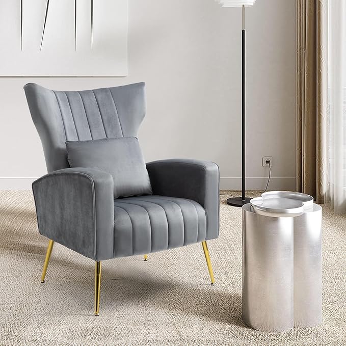 X-VOLSPORT Velvet Accent Chairs Set of 2, Mid Century Modern High Back Living Room Chair with Waist Pillow, Upholstered Arm Chair with Metal Gold Legs for Bedroom, Club, Grey
