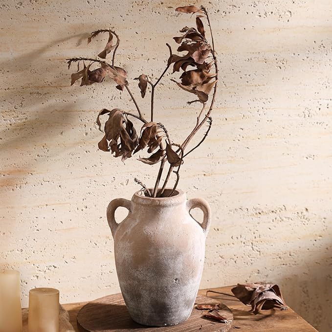 Rustic Farmhouse Decor - 8.46" Brown Ceramic Rustic vase with Dual Handles, Perfect for Home Decor, Vintage,Flower or Decorative vase