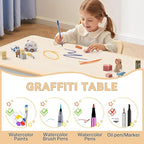 Kids Study Table and Chairs Set, Height Adjustable Toddler Table and Chair Set for Kids Ages 3-8, Graffiti Desktop (Wooden Brown)