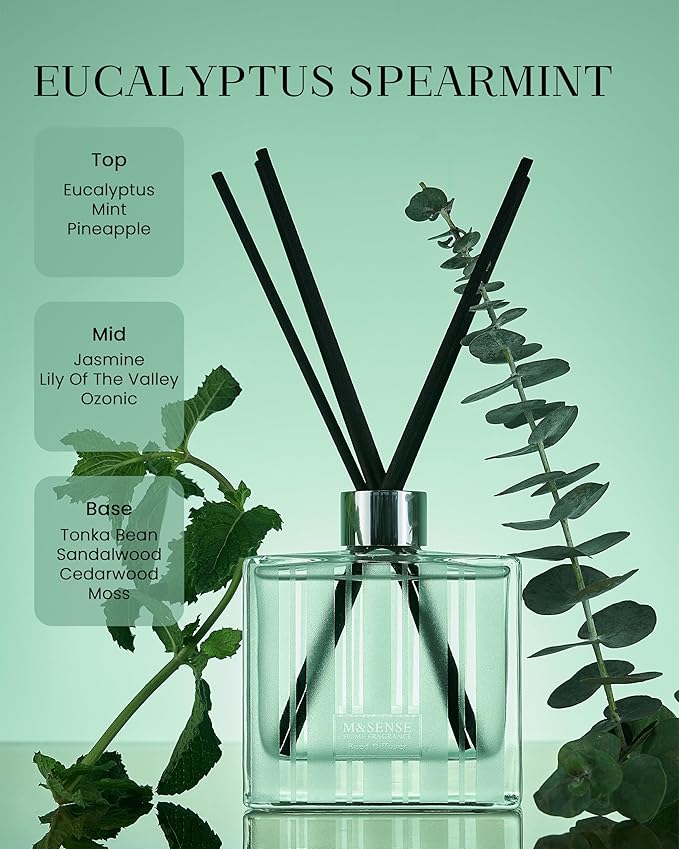 M&SENSE Eucalyptus Spearmint Reed Diffuser Set - 7.04oz Diffuser with Sticks, Rich Fragrance & Refreshing Non-Toxic Scent for Home Bathroom Office Study Other Workspaces Needing Focus, Gifts for Women