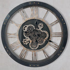 DORBOKER 24" Large Wall Clock with Moving Gears,Oversize Vintage Industrial Rustic Farmhouse Clocks for Living Room Decor Office Home,Solid Wood HD Tempered Glass Cover,Vintage Black