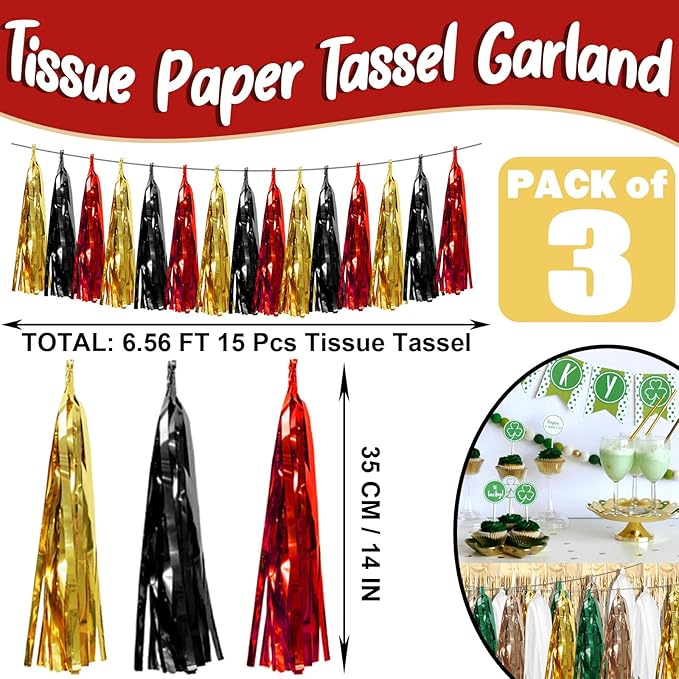 3P Black-Red Gold Foil Fringe Metallic Tassel Garland, Tassels Banner Streamers for Parade Floats, Bachelorette, Wedding, Birthday, Halloween, Christmas, Bridal/Baby Shower Party Decorations