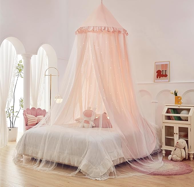Eimilaly Princess Bed Canopy for Girls, Double Layer Canopy with Cutout Stars, Breathable Dream Canopy & Washable Pink Fabric, Fits Twin/Full Bed - Fairy Bed Tent for Kids Room Decor, Pink