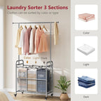 Tajsoon Laundry Sorter with Hanging Bar, 3 Section Rolling Laundry Hamper with Heavy Duty Lockable Wheels, Laundry Basket with Hanging Rack for Bedroom, 3 Gray