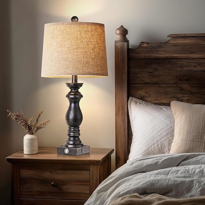 24.5" Table Lamp Set of 2, Rustic Farmhouse Bedside Lamps with USB A+C Charging Ports, 3-Way Dimmable Touch Control Nightstand Lamps for Living Room Bedroom, Antique Black, LED Bulbs Included