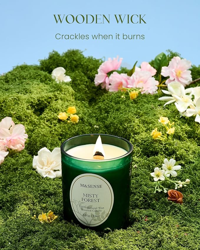 M&SENSE Misty Pine Forest Candle, Cracking Wooden Wick Soy Wax, 18oz 100 Hours Long Lasting Clean Burn, Large Fall Candles for Home Scented, Winter Holiday Gifts for Women Christmas