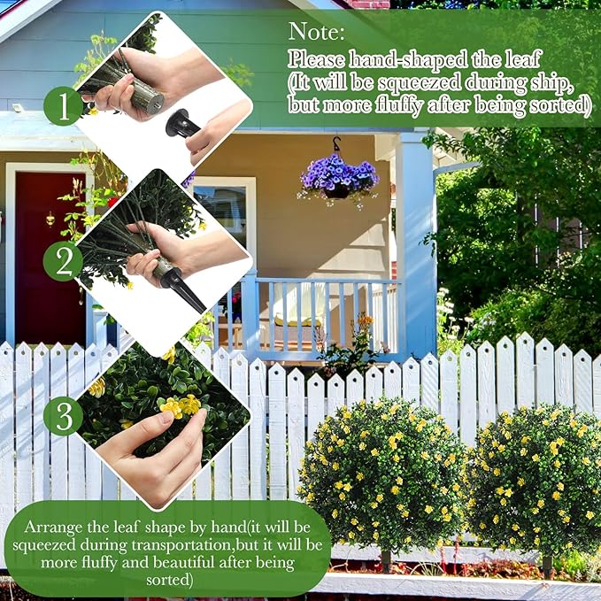 Yunlly Set of 2 Artificial Boxwood Topiary Ball Tree Fake Bushes Shrubs Outdoor Faux Plant with Ground Spike Flowers UV Resistance Greenery for Front Porch Garden Patio Indoor(Yellow,27x18inch)