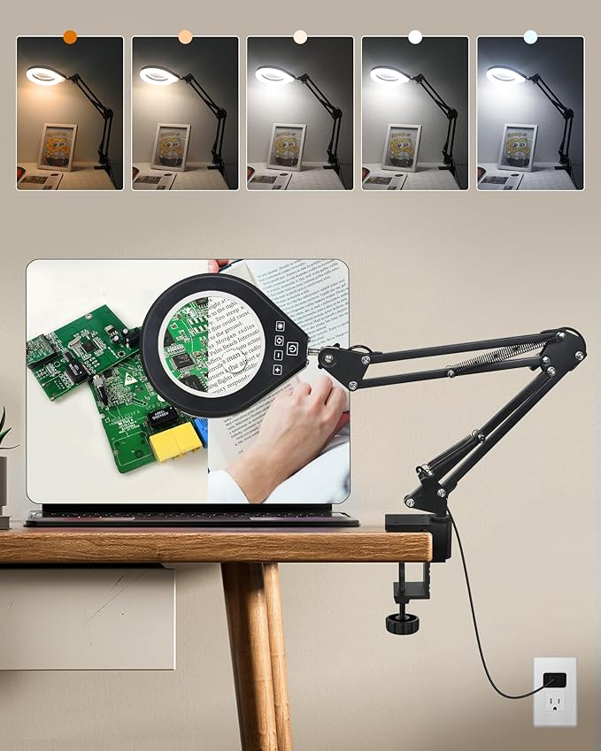 Magnifying Glass with Light, 10X & 5X Real Glass & Anti-Glare Lens, 5 Color Mode Stepless Dimmable LED Desk Magnifying Lamp, Hands-Free Desk Lamp with Clamp for Crafts Reading Repair Hobby (White)