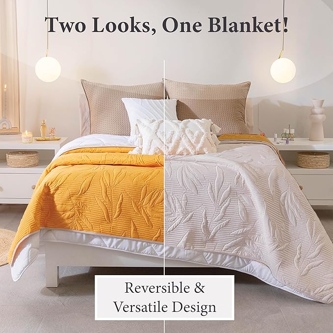 Vianney Queen Comforter Novo Marla Design Reversible Lightweight Quilt Blanket 91x93 Inches Soft Cozy Bedding in Yellow-Orange and White Leaf Pattern
