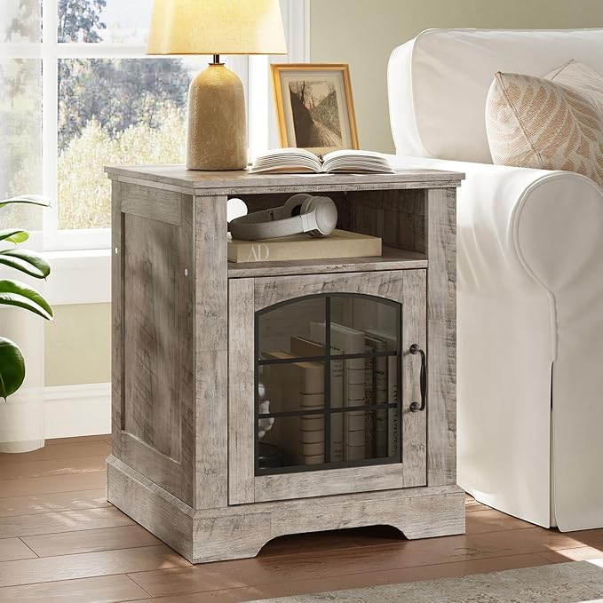 HOOBRO Farmhouse Nightstand Set of 2, with Charging Station, 17.7" Wide Rustic End Tables for Living Room, Wooden Sofa Side Table with Tempered Glass Barn Door and Open Shelf, Greige