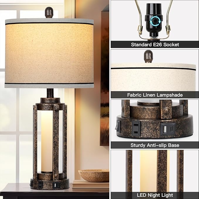 Farmhouse Lamps with USB A+C Charging Ports & AC Outlet, Rustic Vintage Industrial Table Lamps Metal Lamp with Glass LED Night Light & Beige Fabric Shade for Living Room Bedrooms Nightstand Bronze