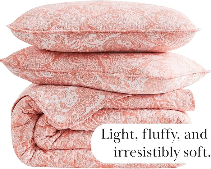Southshore Fine Living, Inc. Paisley Quilt Queen Size Bedding Set, Summer Coverlet, Boho Bedspread, 3-Piece Farmhouse Bedding with Two Matching Pillow Shams, Full/Queen Bed Set, Reversible Coral