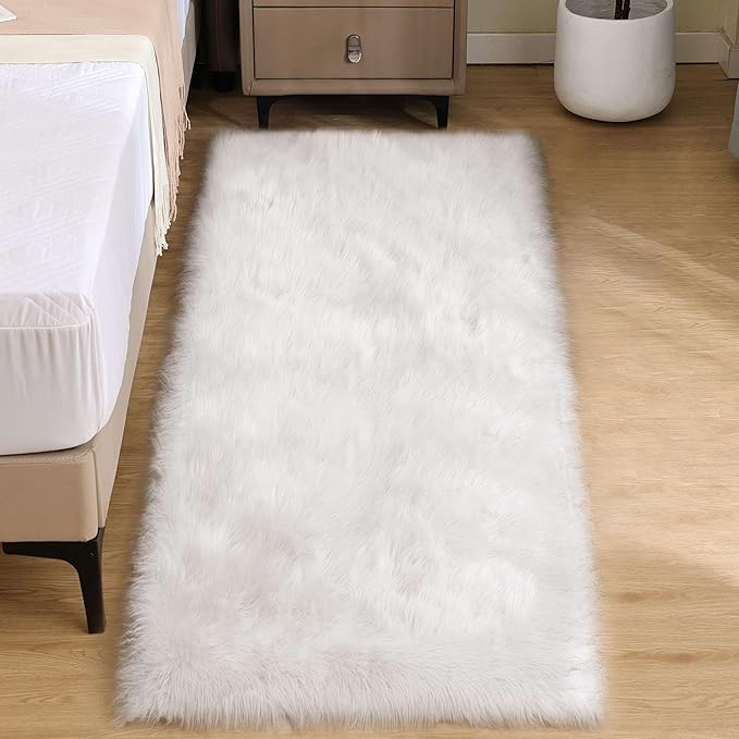 Goolela White Faux Fur Runner Rug 2x6 Faux Sheepskin Rug for Bedroom Fluffy Fuzzy Furry Bedside Rugs Shaggy Plush Washbale Rectangle