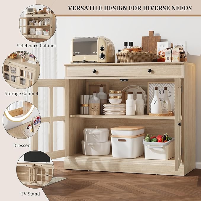 GarveeHome 35.4 in Sideboard Buffet Cabinets with Glass Door, Buffet Cabinet with Storage, Oak Sideboard Cabinet with Drawer, Modern Buffets & Sideboards for Dining Room, Kitchen