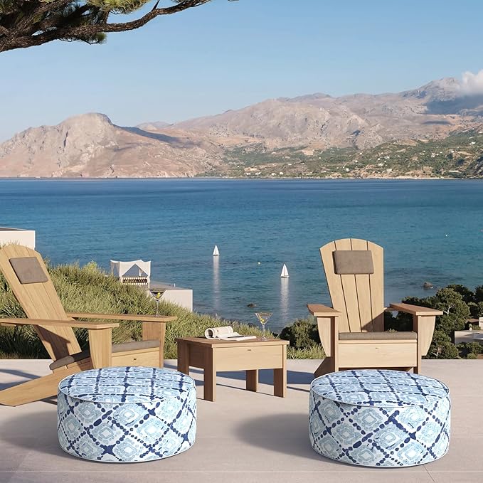 Inflatable Ottoman Stool D21 xH9 for Outdoor/Indoor Use, Water Repellent Patio Foot Rest with Portable Handle,Round Pouf Ottoman Suitable for Garden,Deck and Camping - Boho Geometry Blue